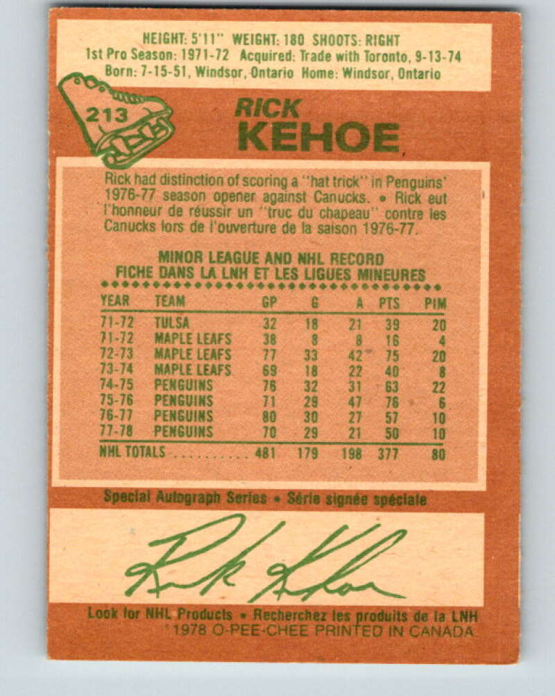 1978-79 O-Pee-Chee #213 Rick Kehoe Pittsburgh Penguins V23879