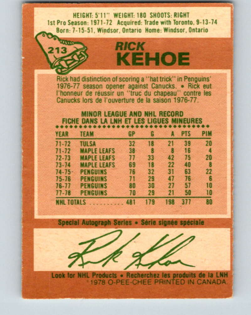 1978-79 O-Pee-Chee #213 Rick Kehoe Pittsburgh Penguins V23880