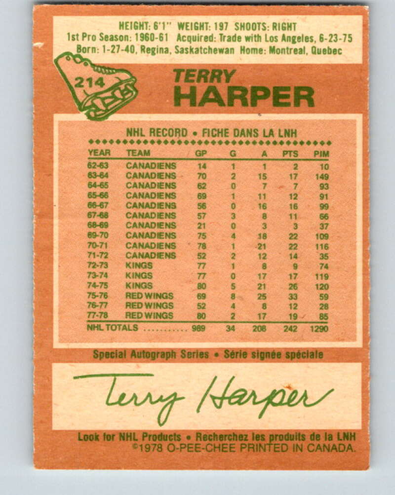 1978-79 O-Pee-Chee #214 Terry Harper Detroit Red Wings V23885