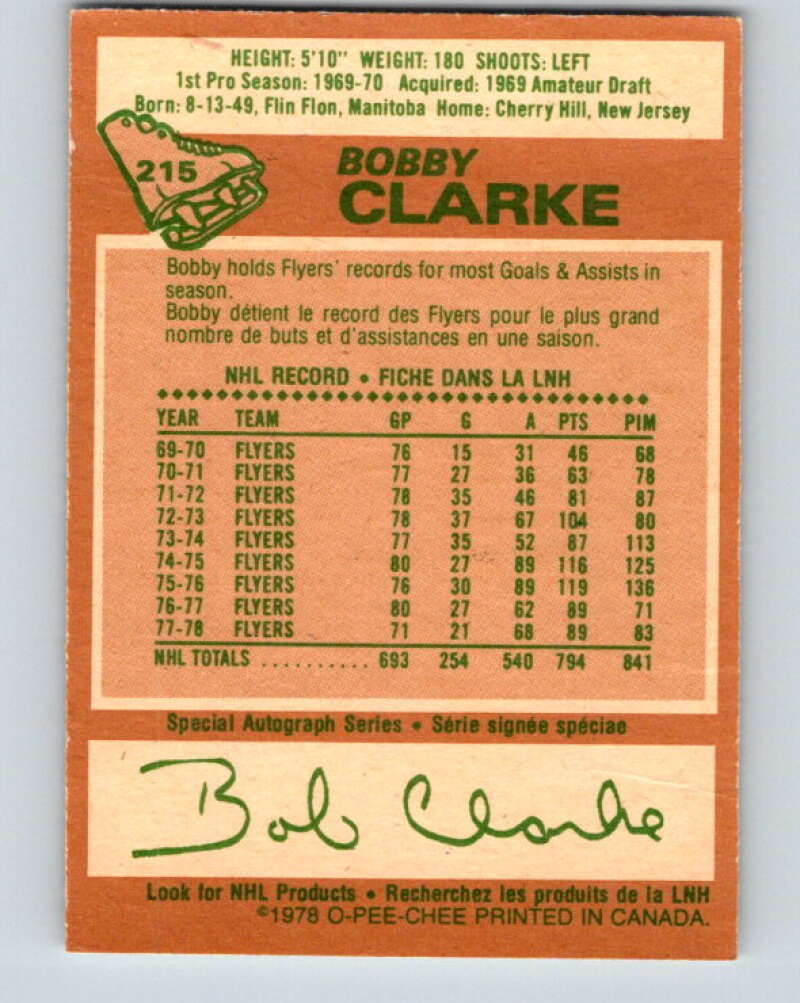 1978-79 O-Pee-Chee #215 Bobby Clarke Philadelphia Flyers V23917