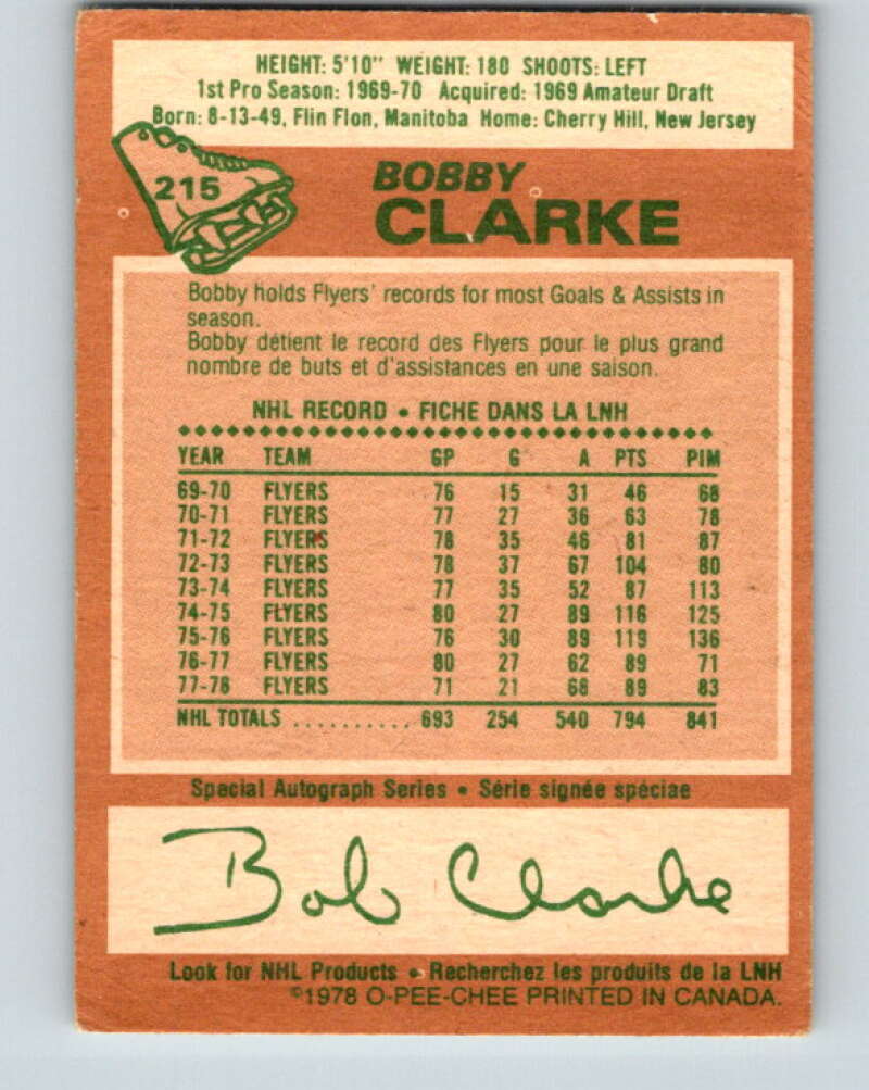 1978-79 O-Pee-Chee #215 Bobby Clarke Philadelphia Flyers V23923