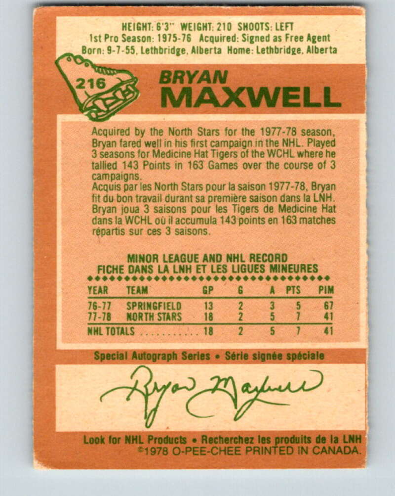 1978-79 O-Pee-Chee #216 Bryan Maxwell UER North Stars V23927