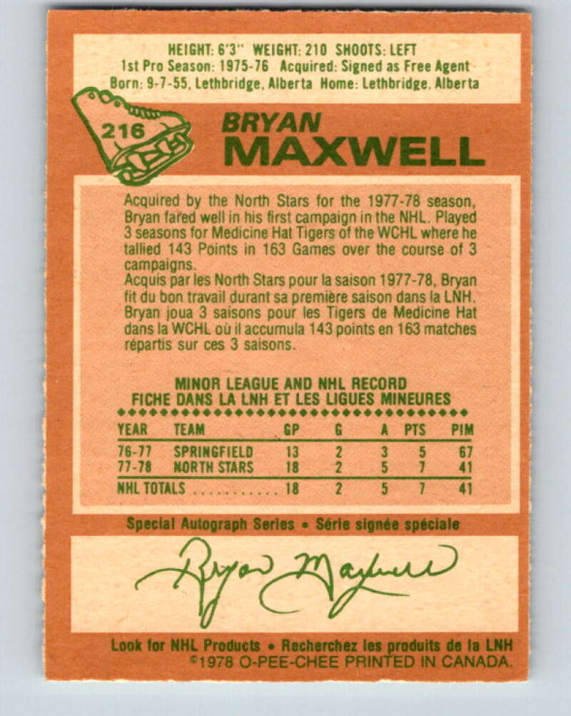 1978-79 O-Pee-Chee #216 Bryan Maxwell UER North Stars V23929