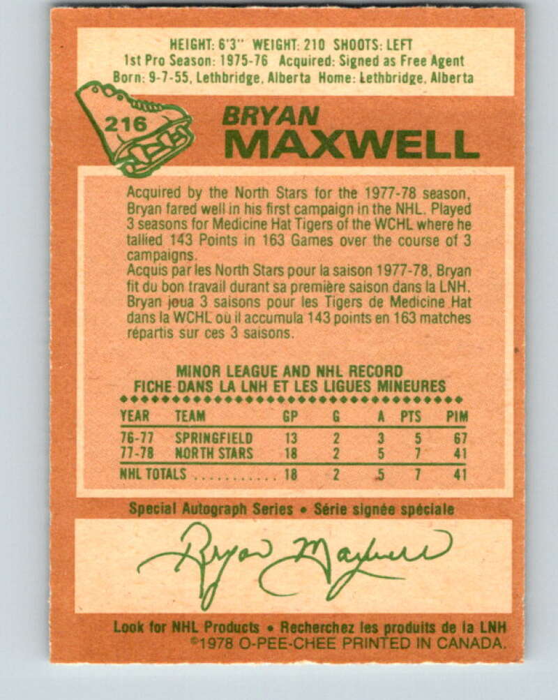 1978-79 O-Pee-Chee #216 Bryan Maxwell UER North Stars V23930