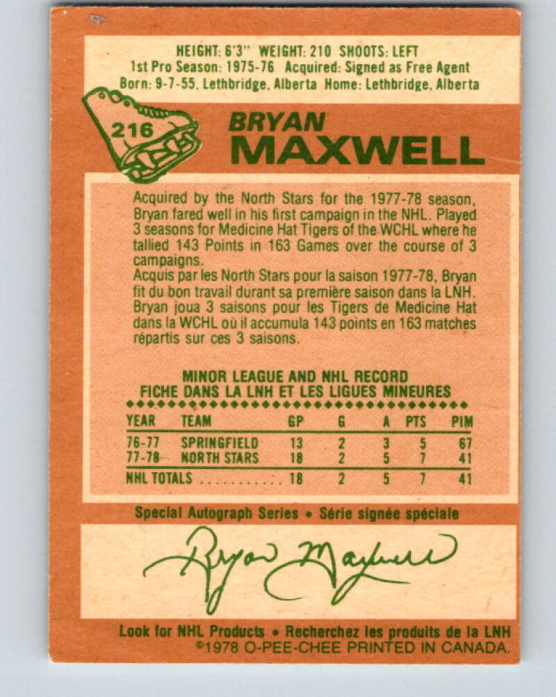 1978-79 O-Pee-Chee #216 Bryan Maxwell UER North Stars V23932