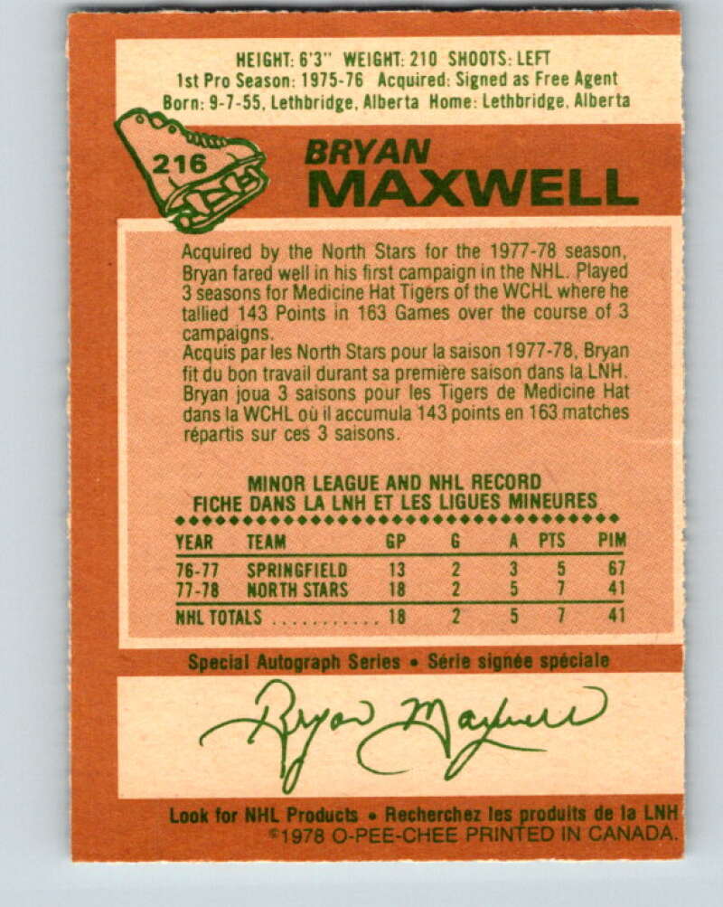 1978-79 O-Pee-Chee #216 Bryan Maxwell UER North Stars V23933