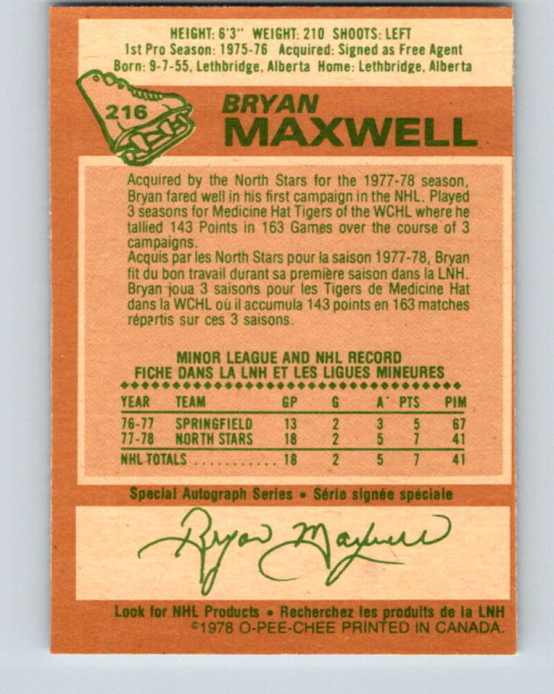 1978-79 O-Pee-Chee #216 Bryan Maxwell UER North Stars V23934