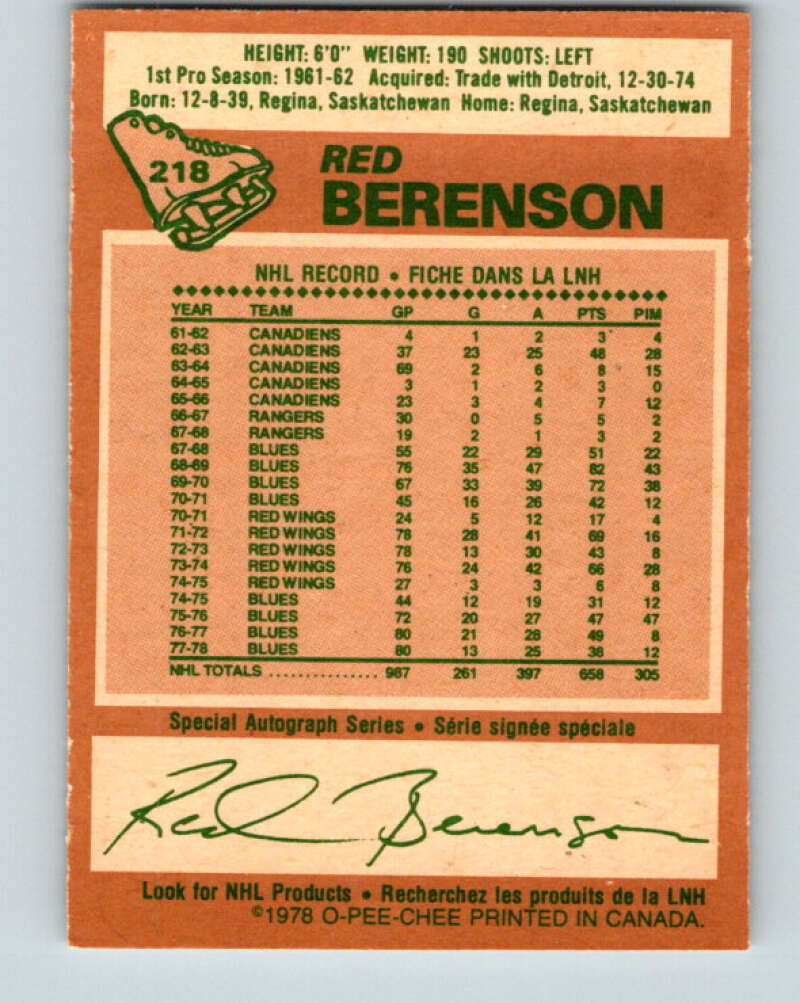 1978-79 O-Pee-Chee #218 Red Berenson St. Louis Blues V23950