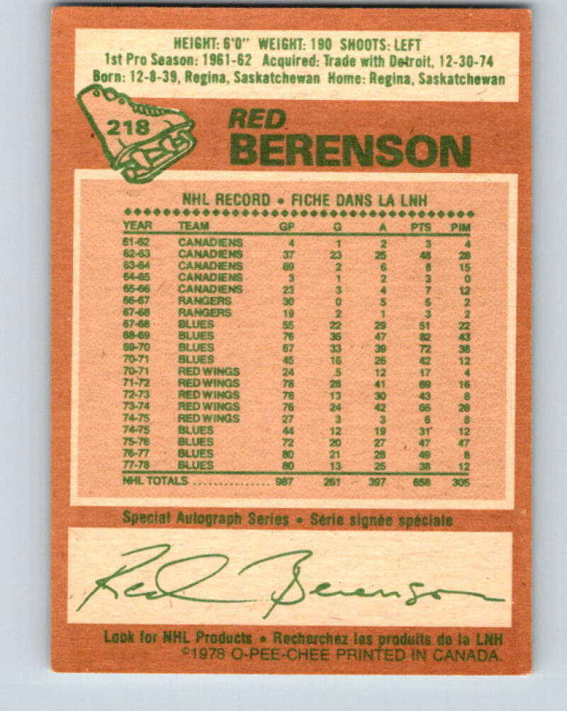 1978-79 O-Pee-Chee #218 Red Berenson St. Louis Blues V23951