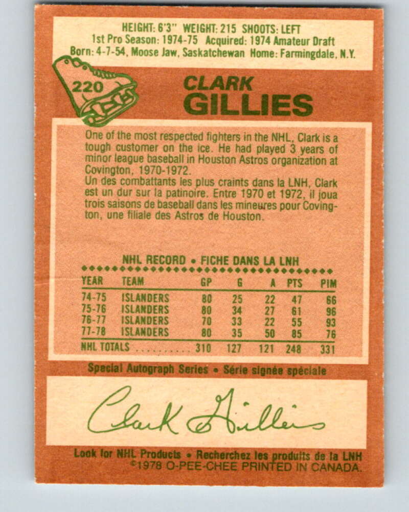 1978-79 O-Pee-Chee #220 Clark Gillies AS New York Islanders V23966
