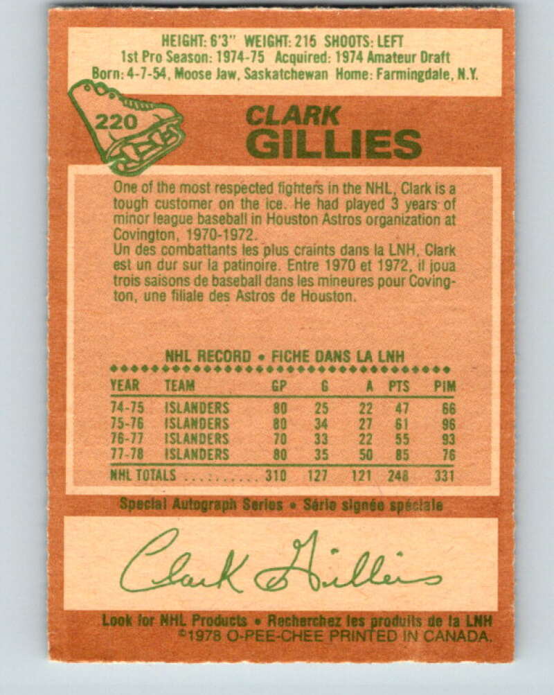 1978-79 O-Pee-Chee #220 Clark Gillies AS New York Islanders V23968