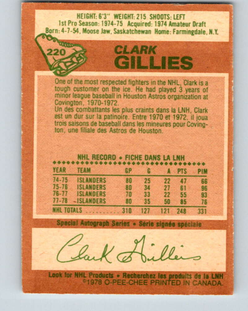 1978-79 O-Pee-Chee #220 Clark Gillies AS New York Islanders V23970