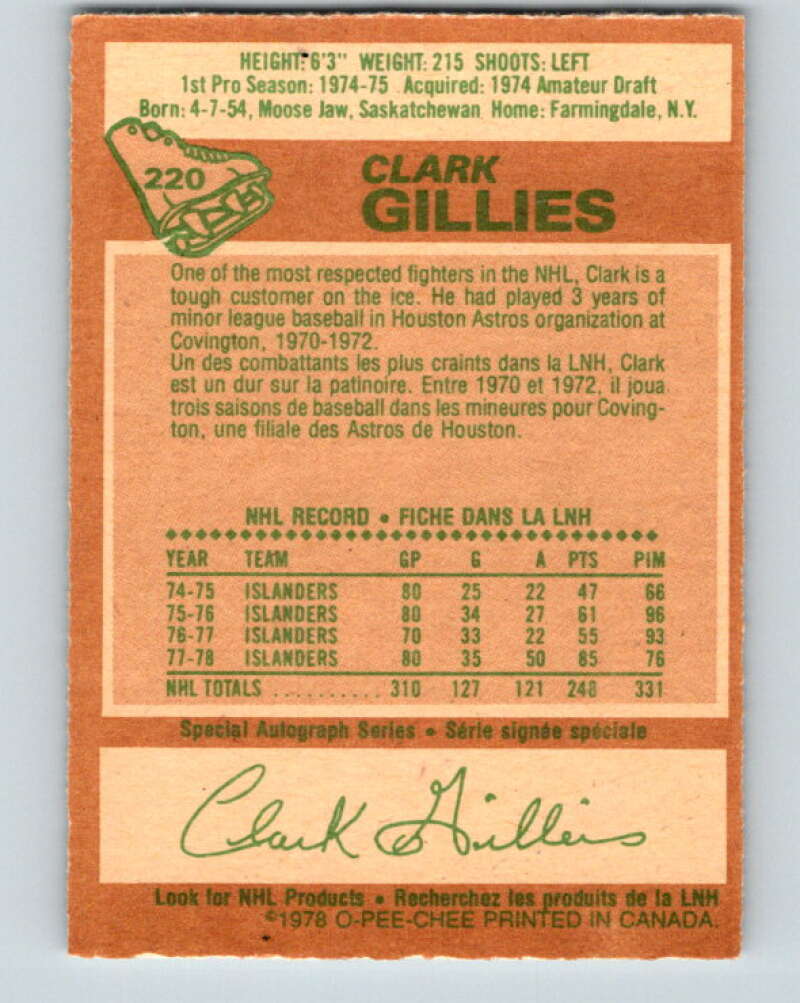 1978-79 O-Pee-Chee #220 Clark Gillies AS New York Islanders V23971