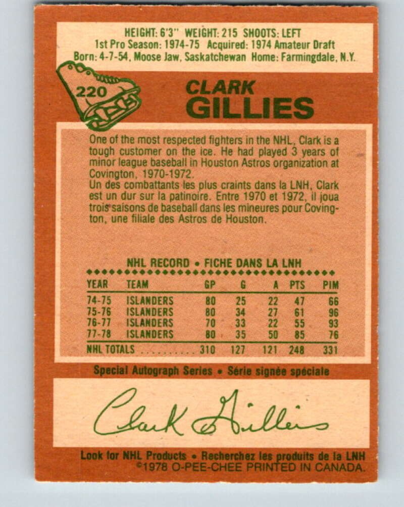 1978-79 O-Pee-Chee #220 Clark Gillies AS New York Islanders V23973