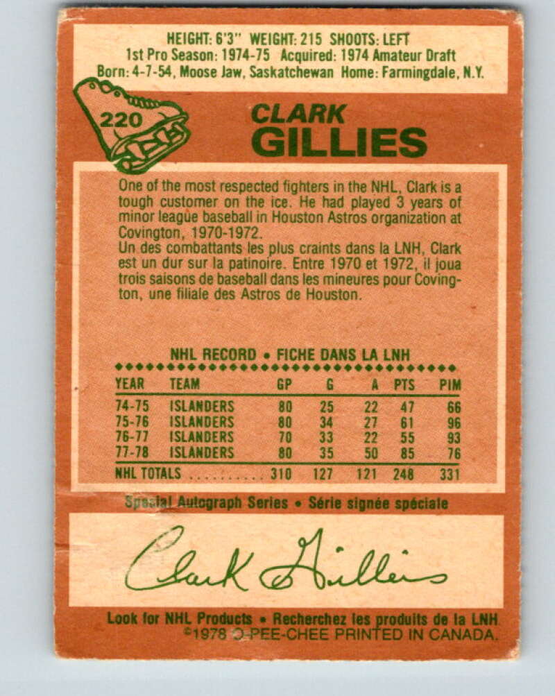1978-79 O-Pee-Chee #220 Clark Gillies AS New York Islanders V23976