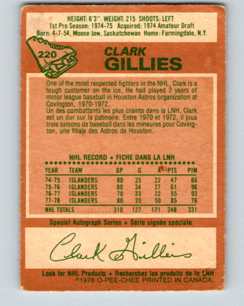 1978-79 O-Pee-Chee #220 Clark Gillies AS New York Islanders V23977