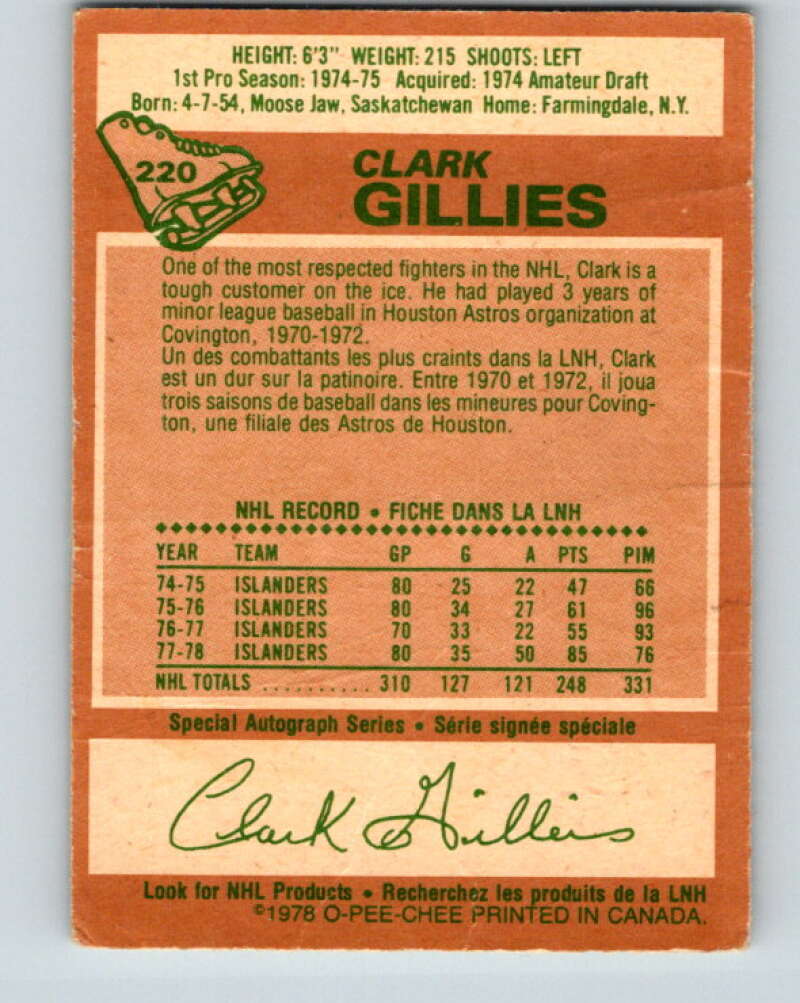 1978-79 O-Pee-Chee #220 Clark Gillies AS New York Islanders V23978