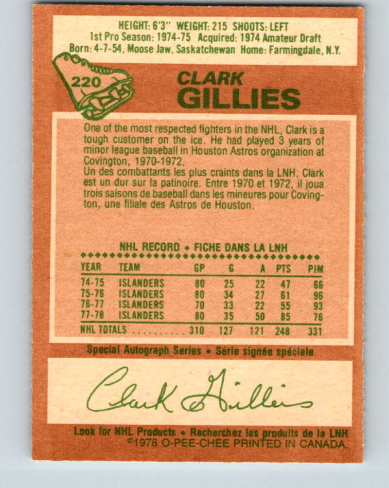 1978-79 O-Pee-Chee #220 Clark Gillies AS New York Islanders V23980