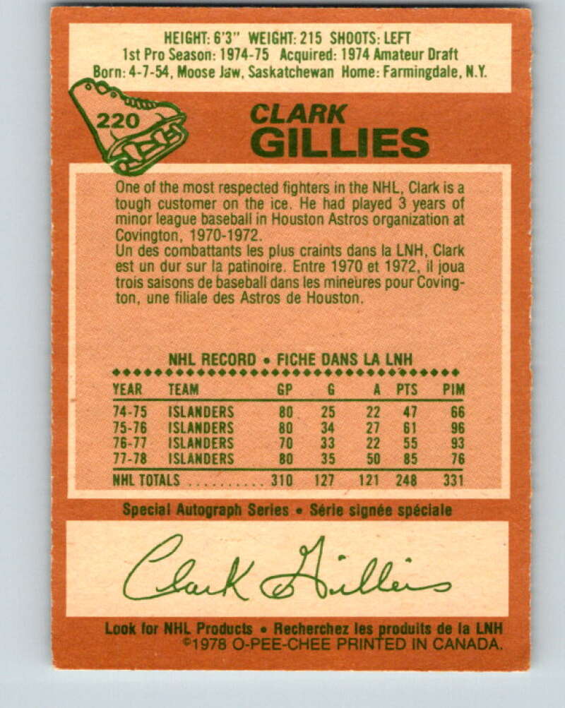 1978-79 O-Pee-Chee #220 Clark Gillies AS New York Islanders V23982