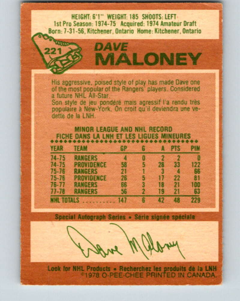 1978-79 O-Pee-Chee #221 Dave Maloney New York Rangers V23984