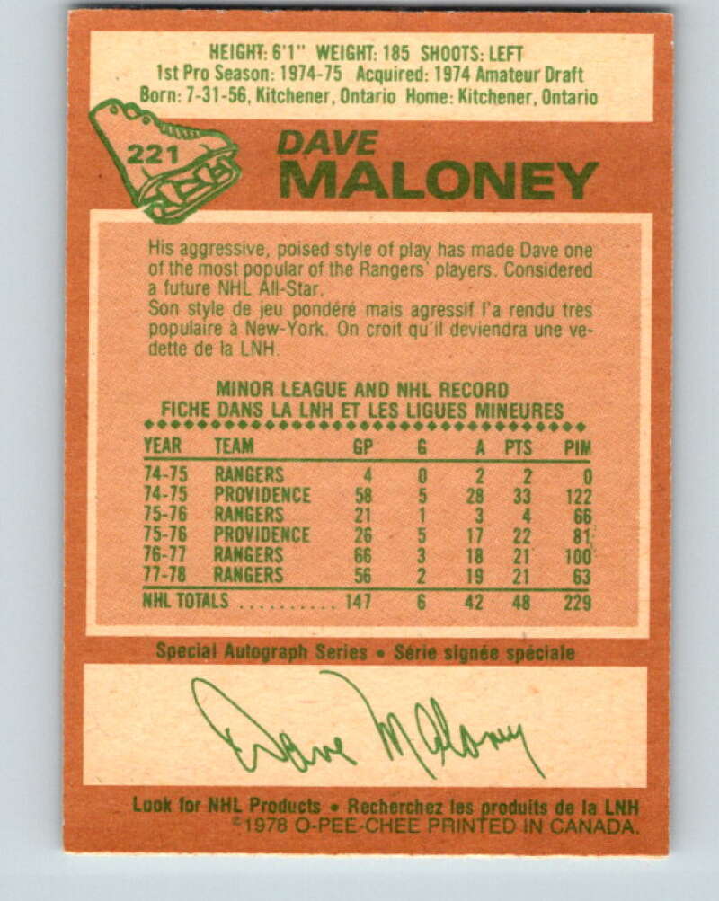 1978-79 O-Pee-Chee #221 Dave Maloney New York Rangers V23986