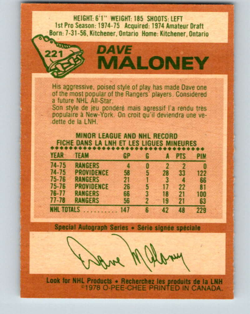 1978-79 O-Pee-Chee #221 Dave Maloney New York Rangers V23988