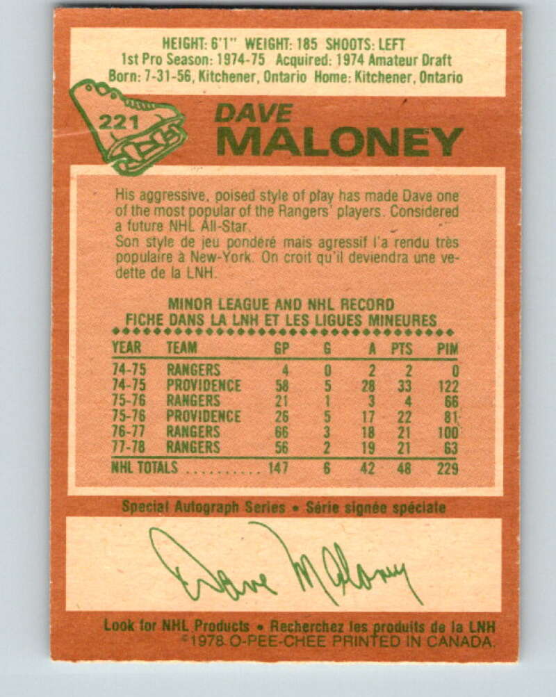 1978-79 O-Pee-Chee #221 Dave Maloney New York Rangers V23989