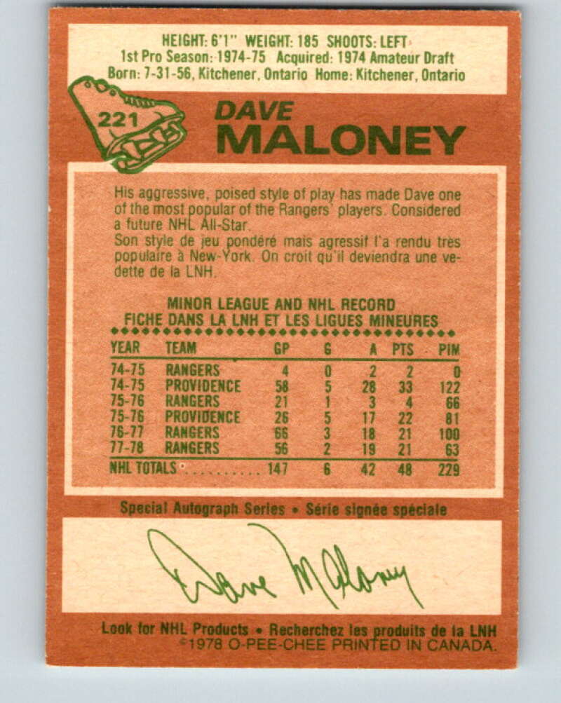 1978-79 O-Pee-Chee #221 Dave Maloney New York Rangers V23990
