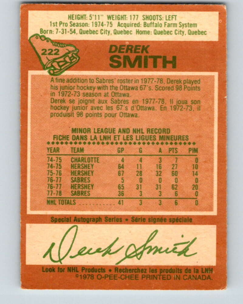 1978-79 O-Pee-Chee #222 Derek Smith RC Rookie Buffalo Sabres V23999
