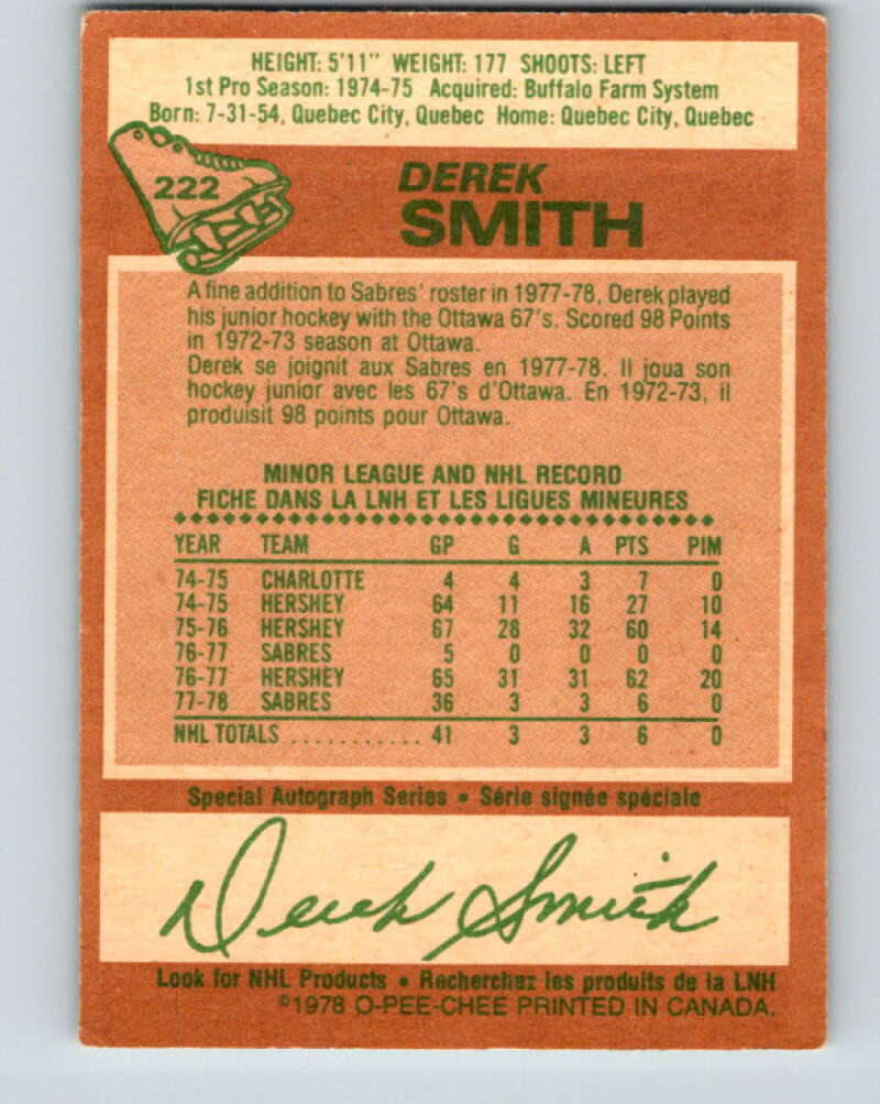 1978-79 O-Pee-Chee #222 Derek Smith RC Rookie Buffalo Sabres V24000