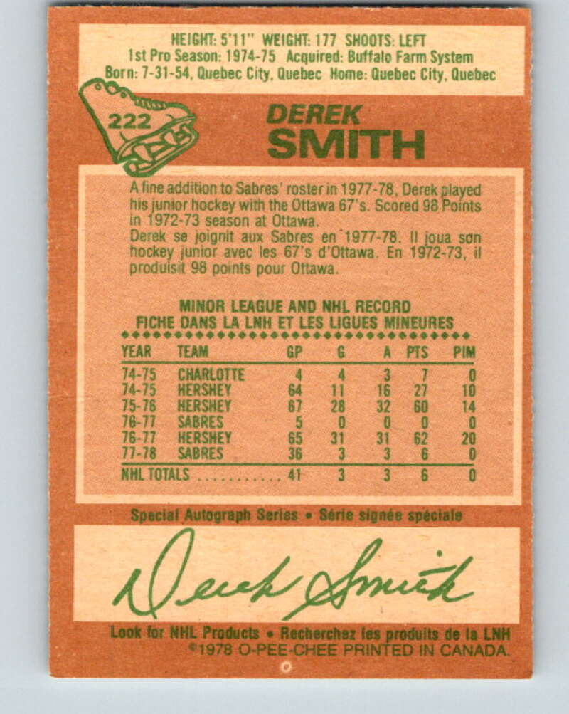 1978-79 O-Pee-Chee #222 Derek Smith RC Rookie Buffalo Sabres V24001