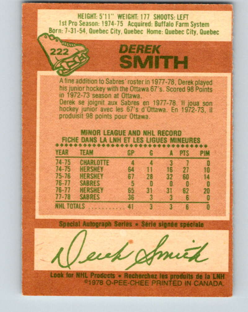 1978-79 O-Pee-Chee #222 Derek Smith RC Rookie Buffalo Sabres V24002