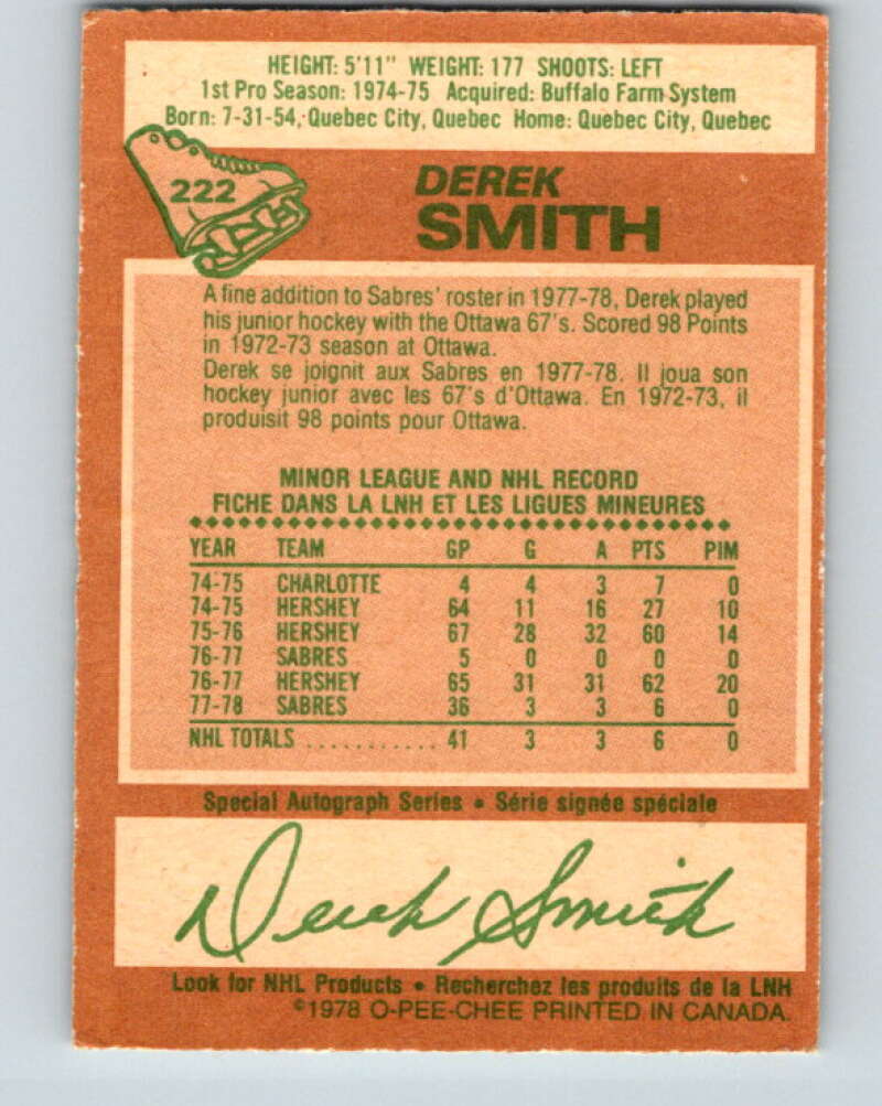 1978-79 O-Pee-Chee #222 Derek Smith RC Rookie Buffalo Sabres V24003