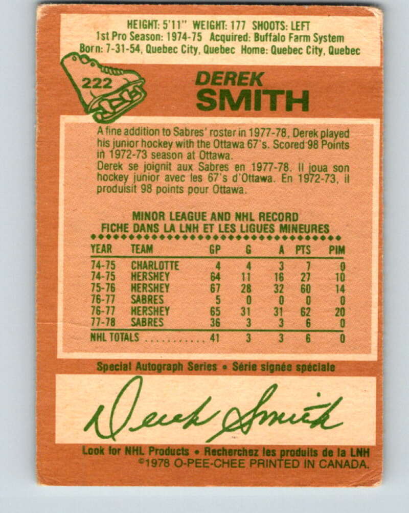 1978-79 O-Pee-Chee #222 Derek Smith RC Rookie Buffalo Sabres V24008