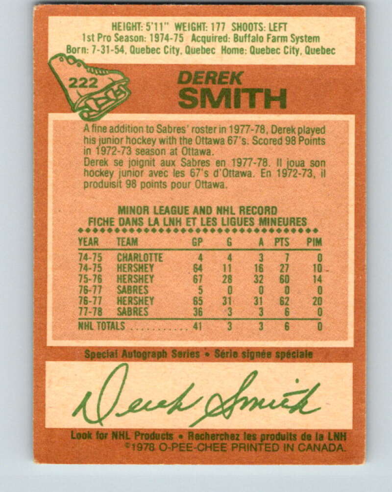 1978-79 O-Pee-Chee #222 Derek Smith RC Rookie Buffalo Sabres V24010