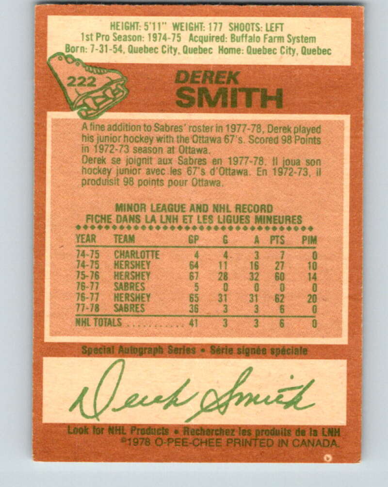 1978-79 O-Pee-Chee #222 Derek Smith RC Rookie Buffalo Sabres V24014
