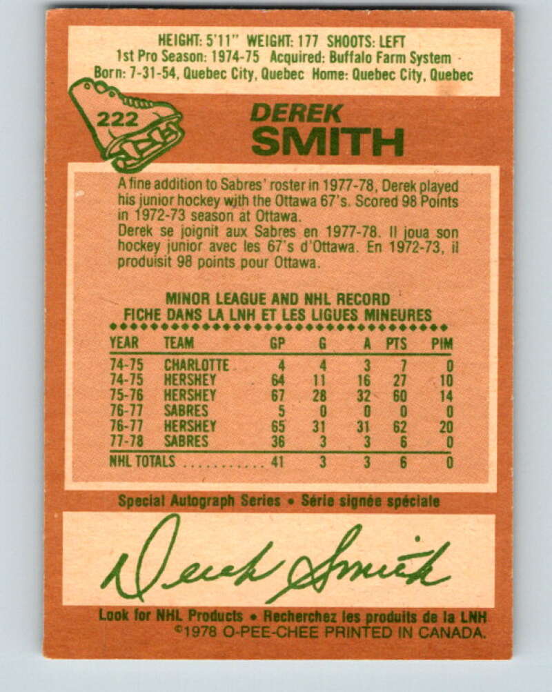 1978-79 O-Pee-Chee #222 Derek Smith RC Rookie Buffalo Sabres V24015