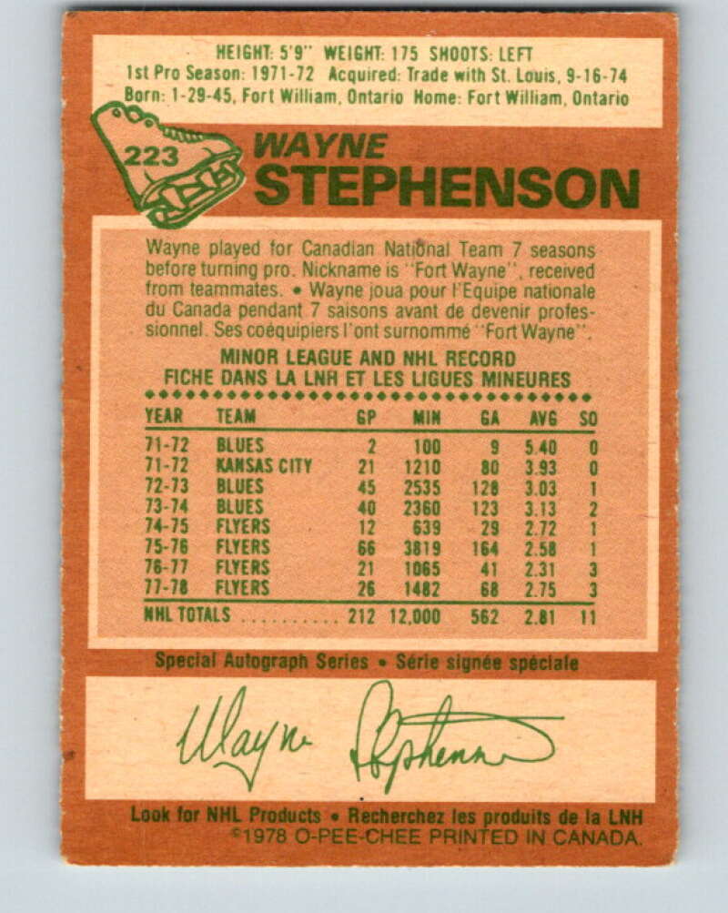 1978-79 O-Pee-Chee #223 Wayne Stephenson Philadelphia Flyers V24028