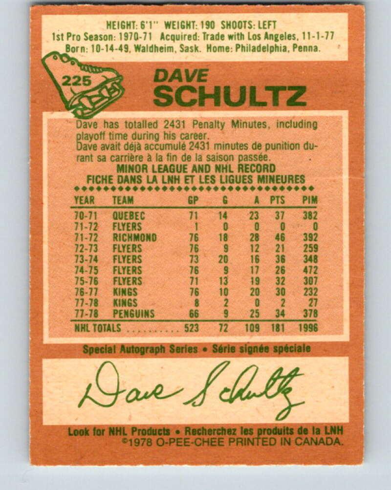 1978-79 O-Pee-Chee #225 Dave Schultz Pittsburgh Penguins V24047