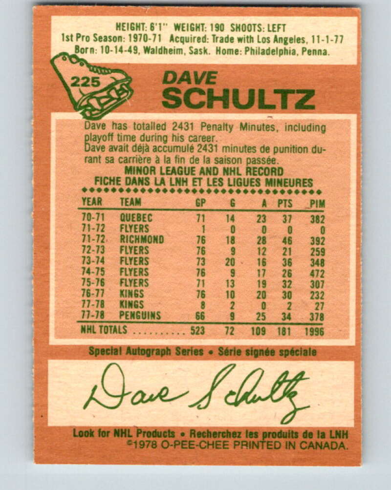 1978-79 O-Pee-Chee #225 Dave Schultz Pittsburgh Penguins V24050