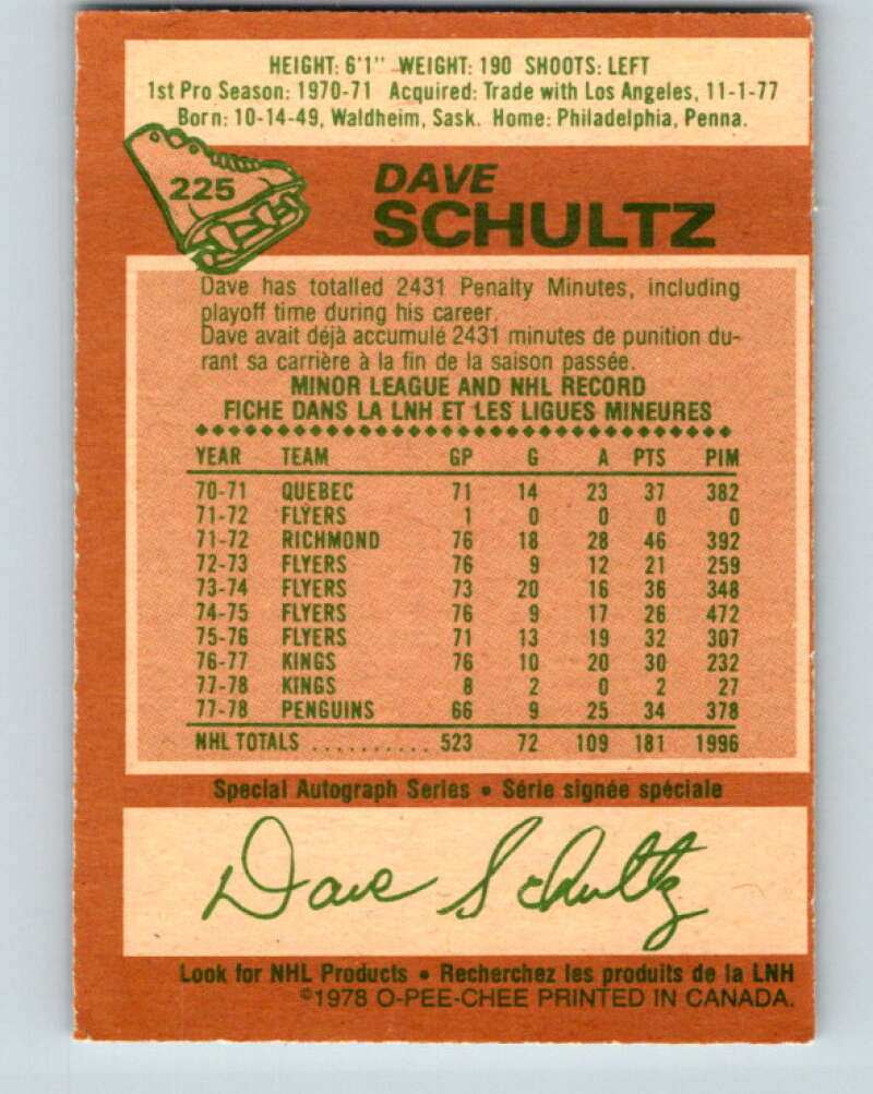 1978-79 O-Pee-Chee #225 Dave Schultz Pittsburgh Penguins V24053