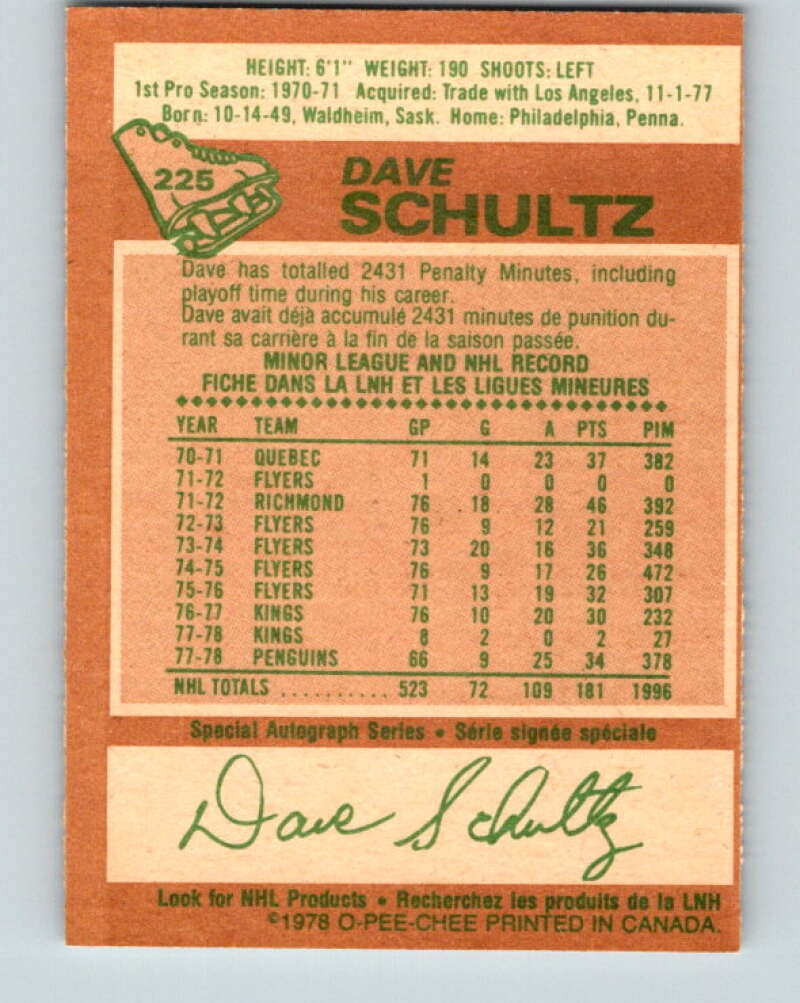 1978-79 O-Pee-Chee #225 Dave Schultz Pittsburgh Penguins V24054