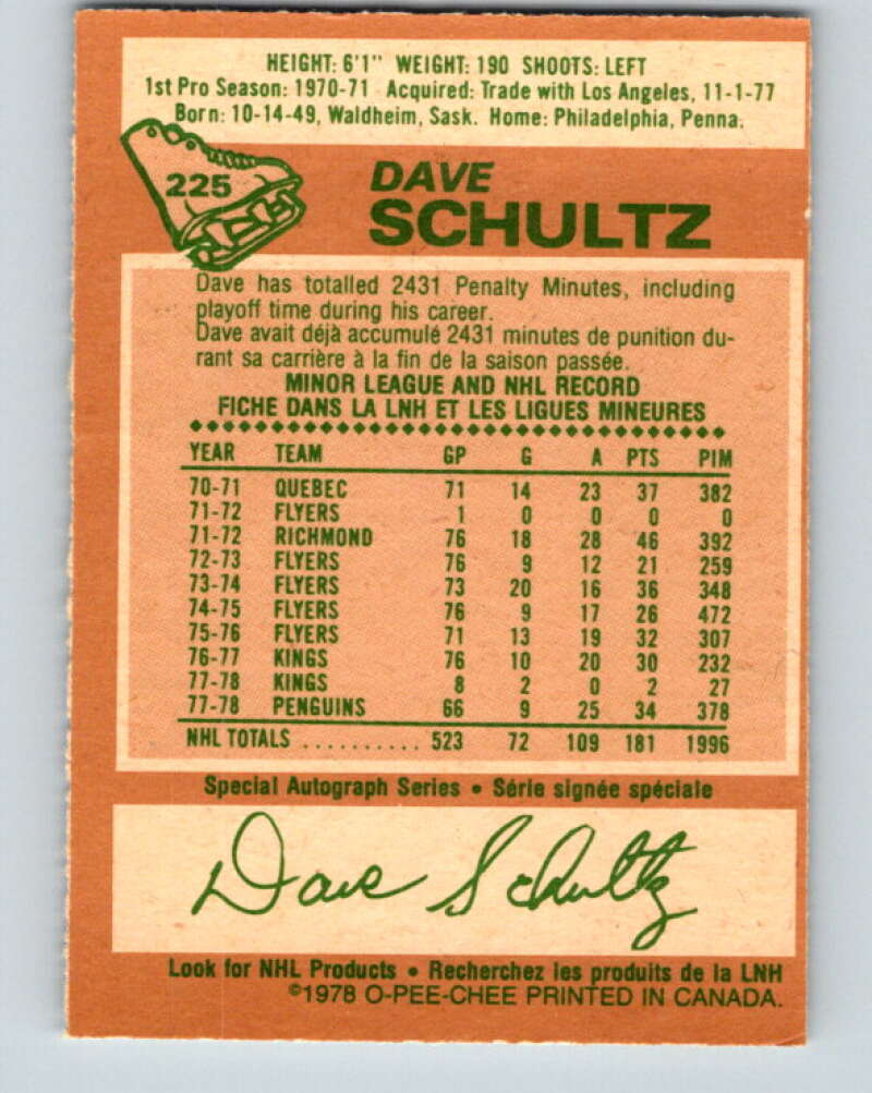 1978-79 O-Pee-Chee #225 Dave Schultz Pittsburgh Penguins V24055