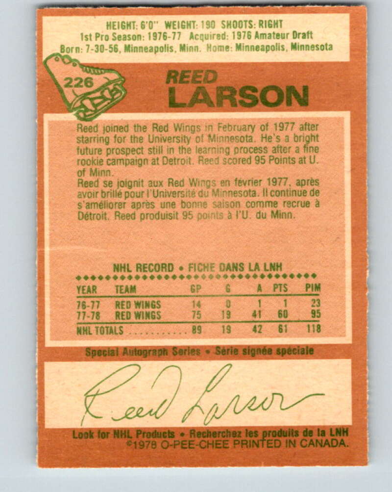 1978-79 O-Pee-Chee #226 Reed Larson RC Rookie Red Wings V24061