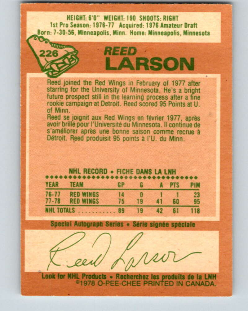 1978-79 O-Pee-Chee #226 Reed Larson RC Rookie Red Wings V24062