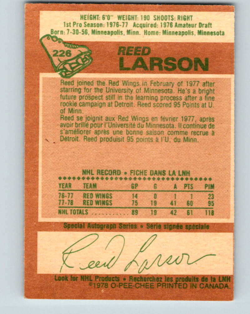 1978-79 O-Pee-Chee #226 Reed Larson RC Rookie Red Wings V24063