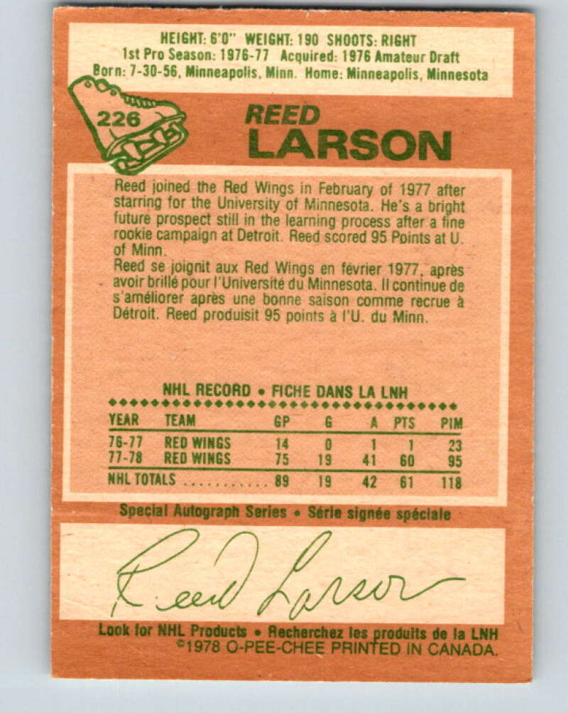 1978-79 O-Pee-Chee #226 Reed Larson RC Rookie Red Wings V24064