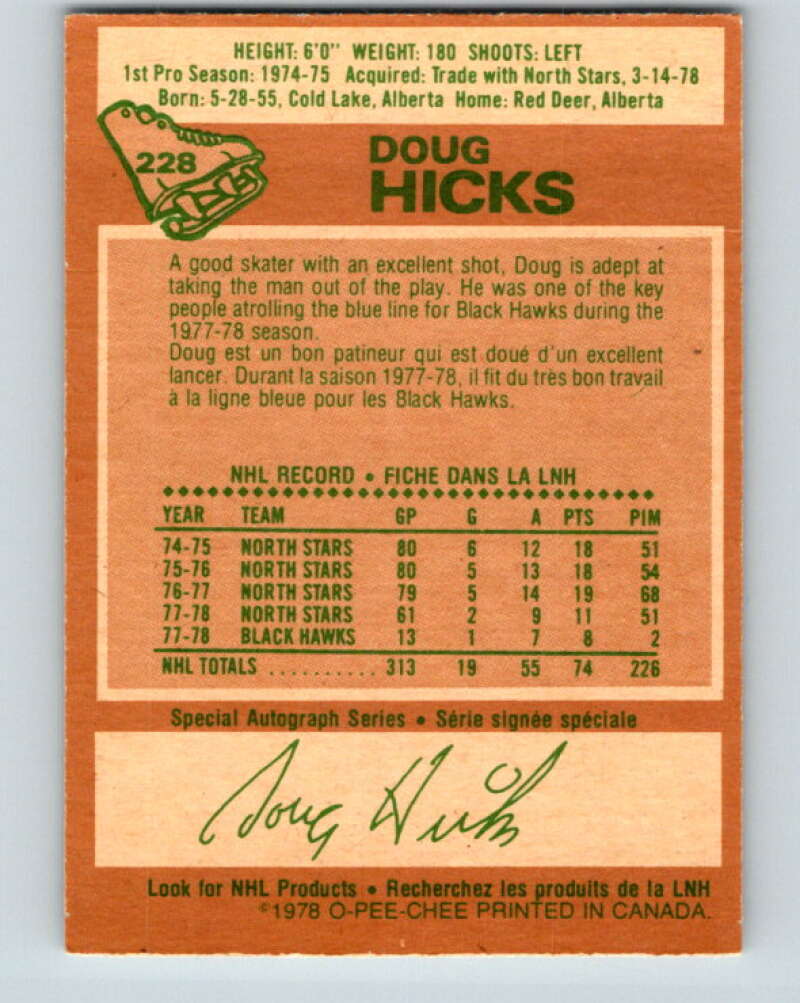 1978-79 O-Pee-Chee #228 Doug Hicks Chicago Blackhawks V24074