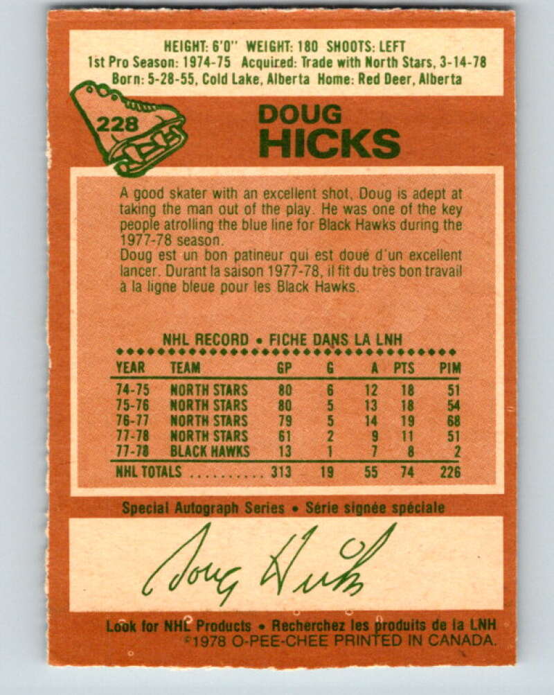 1978-79 O-Pee-Chee #228 Doug Hicks Chicago Blackhawks V24081