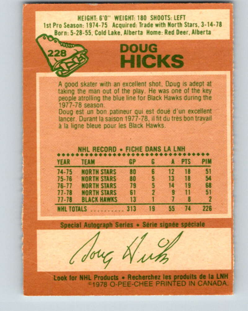 1978-79 O-Pee-Chee #228 Doug Hicks Chicago Blackhawks V24083